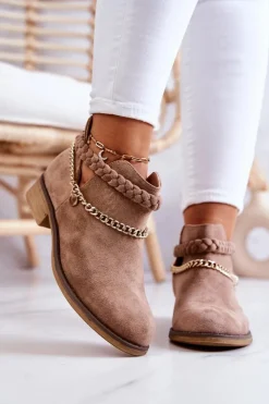 Damskie Boto Zamszowe Botki Z Łańcuszkiem Brązowe Talitha