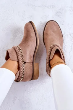 Damskie Boto Zamszowe Botki Z Łańcuszkiem Brązowe Talitha