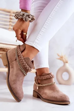 Damskie Boto Zamszowe Botki Z Łańcuszkiem Brązowe Talitha