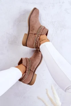 Damskie Boto Zamszowe Botki Z Łańcuszkiem Brązowe Talitha