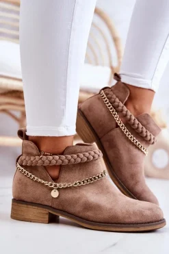 Damskie Boto Zamszowe Botki Z Łańcuszkiem Brązowe Talitha