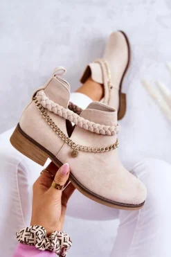 Boto Botki Wiosenne|Czarne Botki*Zamszowe Botki Z Łańcuszkiem Beżowe Talitha