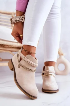 Boto Botki Wiosenne|Czarne Botki*Zamszowe Botki Z Łańcuszkiem Beżowe Talitha