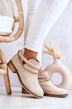 Boto Botki Wiosenne|Czarne Botki*Zamszowe Botki Z Łańcuszkiem Beżowe Talitha