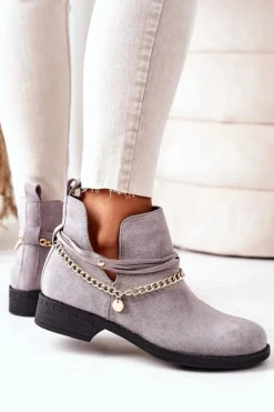 Damskie Boto Zamszowe Botki Z Łańcuszkiem Szare Elvira