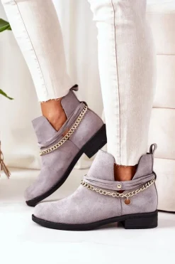 Damskie Boto Zamszowe Botki Z Łańcuszkiem Szare Elvira