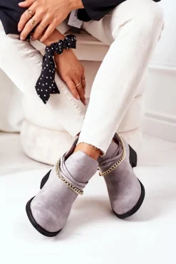 Damskie Boto Zamszowe Botki Z Łańcuszkiem Szare Elvira