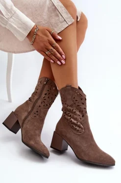 New Boto Zamszowe Botki Z Ażurową Cholewką Na Klocku Brązowe Irvelame