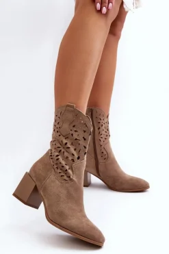 Boto Botki Wiosenne|Botki Ażurowe*Zamszowe Botki Z Ażurową Cholewką Na Klocku Ciemnobeżowe Irvelame