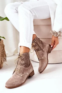 Boto Botki Wiosenne|Botki Sznurowane*Zamszowe Botki Z Ażurowym Wzorem Cappuccino Josie