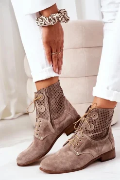 Boto Botki Wiosenne|Botki Sznurowane*Zamszowe Botki Z Ażurowym Wzorem Cappuccino Josie