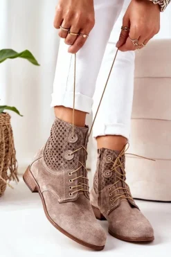 Boto Botki Wiosenne|Botki Sznurowane*Zamszowe Botki Z Ażurowym Wzorem Cappuccino Josie