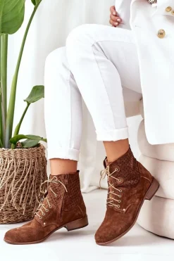 Damskie Boto Zamszowe Botki Z Ażurowym Wzorem Brązowe Josie