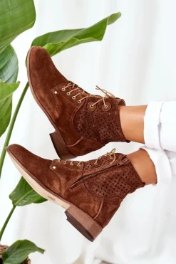 Damskie Boto Zamszowe Botki Z Ażurowym Wzorem Brązowe Josie