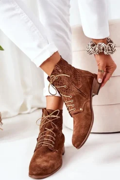 Damskie Boto Zamszowe Botki Z Ażurowym Wzorem Brązowe Josie