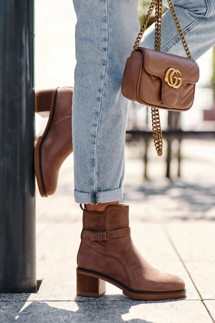 Boto Botki Na Słupku|Botki Zimowe Damskie*Zamszowe Botki Z Klamrą Brązowe Neste