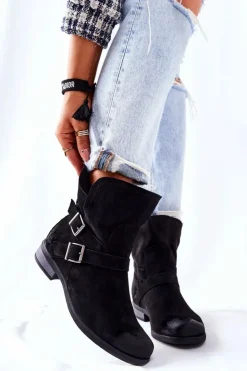 Damskie Boto Zamszowe Botki Z Klamrami Czarne Renisse