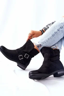 Damskie Boto Zamszowe Botki Z Klamrami Czarne Renisse