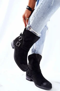 Damskie Boto Zamszowe Botki Z Klamrami Czarne Renisse