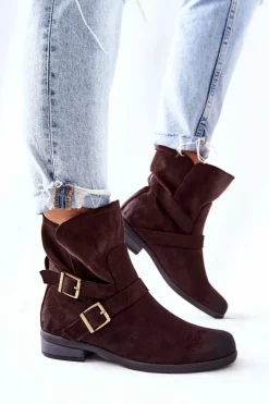 Hot Boto Zamszowe Botki Z Klamrami Brązowe Renisse