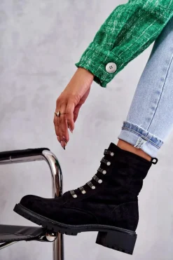 Damskie Boto Zamszowe Botki Z Ozdobnymi Paskami Czarne Malesia