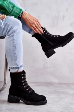 Damskie Boto Zamszowe Botki Z Ozdobnymi Paskami Czarne Malesia