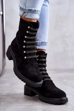 Damskie Boto Zamszowe Botki Z Ozdobnymi Paskami Czarne Malesia