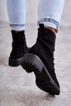 Damskie Boto Zamszowe Botki Z Ozdobnymi Paskami Czarne Malesia