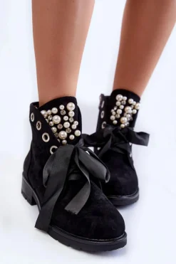 Boto Botki Sznurowane|Czarne Botki*Zamszowe Botki Z Perełkami I Wstążką Czarne Perla