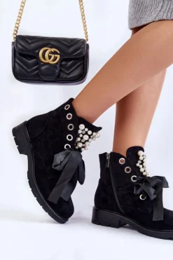 Boto Botki Sznurowane|Czarne Botki*Zamszowe Botki Z Perełkami I Wstążką Czarne Perla