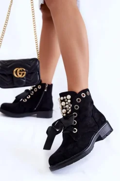 Boto Botki Sznurowane|Czarne Botki*Zamszowe Botki Z Perełkami I Wstążką Czarne Perla