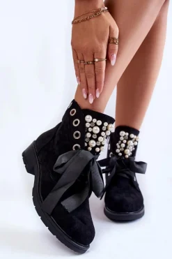 Boto Botki Sznurowane|Czarne Botki*Zamszowe Botki Z Perełkami I Wstążką Czarne Perla
