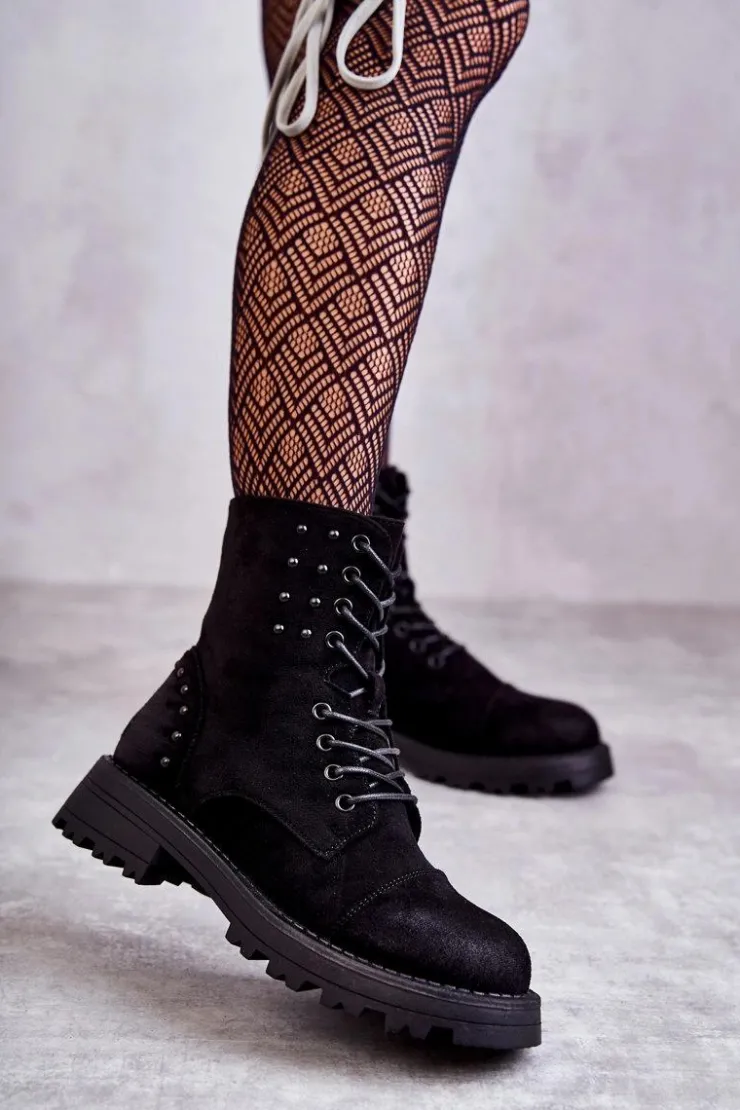 Boto Botki Ocieplane|Botki Sznurowane*Zamszowe Botki Z Ćwiekami Czarne Palmira Czarny