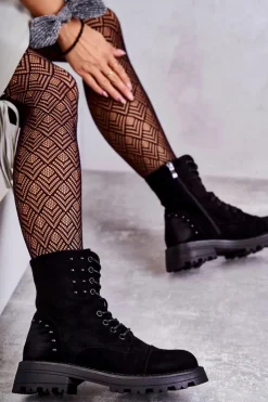 Boto Botki Ocieplane|Botki Sznurowane*Zamszowe Botki Z Ćwiekami Czarne Palmira Czarny