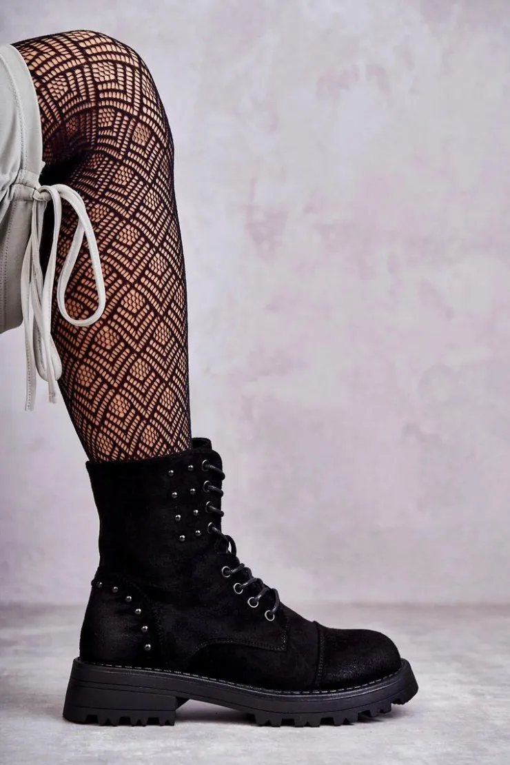 Boto Botki Ocieplane|Botki Sznurowane*Zamszowe Botki Z Ćwiekami Czarne Palmira Czarny