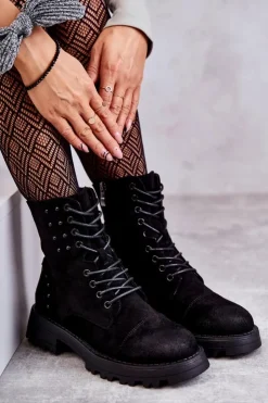 Boto Botki Ocieplane|Botki Sznurowane*Zamszowe Botki Z Ćwiekami Czarne Palmira Czarny