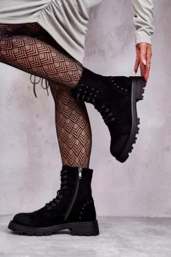 Boto Botki Ocieplane|Botki Sznurowane*Zamszowe Botki Z Ćwiekami Czarne Palmira Czarny