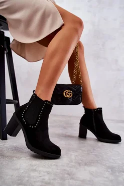 Damskie Boto Zamszowe Botki Z Ćwiekami Na Słupku Czarne Cambia