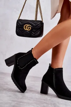 Damskie Boto Zamszowe Botki Z Ćwiekami Na Słupku Czarne Cambia