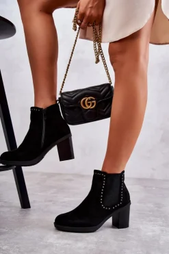 Damskie Boto Zamszowe Botki Z Ćwiekami Na Słupku Czarne Cambia