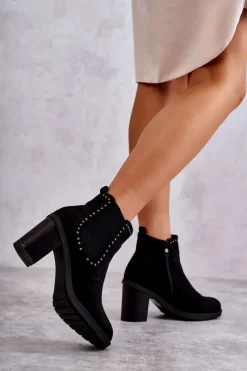 Damskie Boto Zamszowe Botki Z Ćwiekami Na Słupku Czarne Cambia