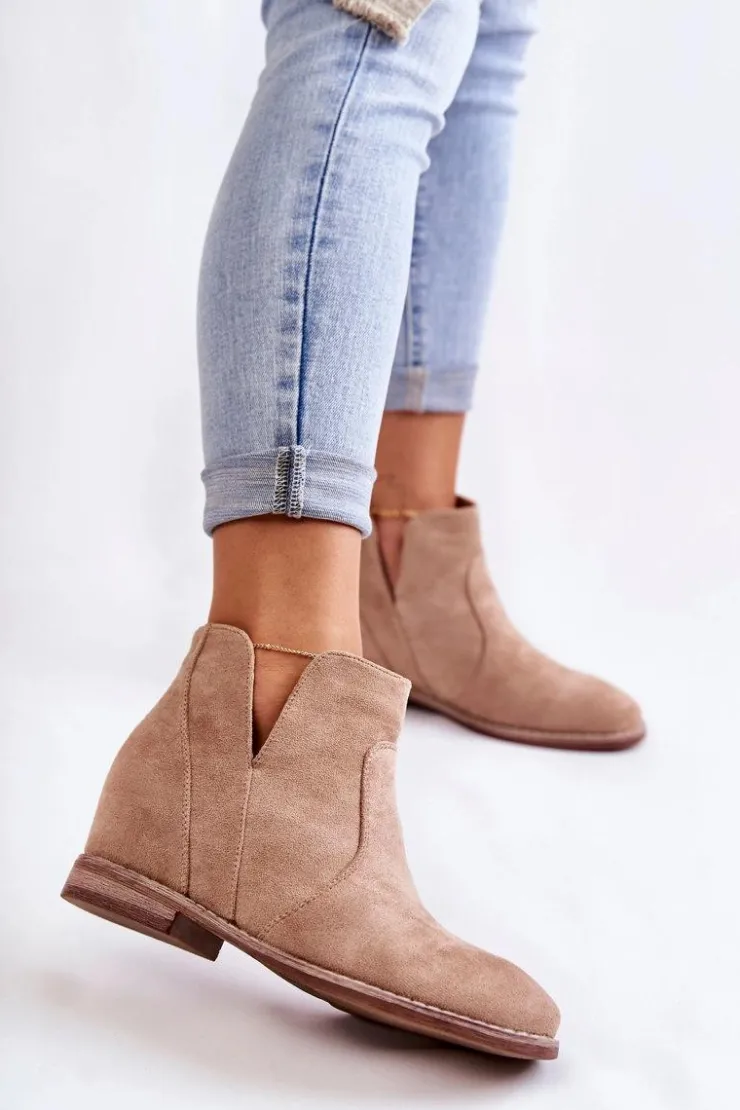 Damskie buty S.Barski Brązowe I Beżowe Botki|Botki Płaskie*Zamszowe Botki Z Wycięciami Na Płaskim Obcasie Beżowe Henriette