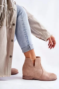 Damskie buty S.Barski Brązowe I Beżowe Botki|Botki Płaskie*Zamszowe Botki Z Wycięciami Na Płaskim Obcasie Beżowe Henriette