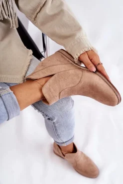 Damskie buty S.Barski Brązowe I Beżowe Botki|Botki Płaskie*Zamszowe Botki Z Wycięciami Na Płaskim Obcasie Beżowe Henriette