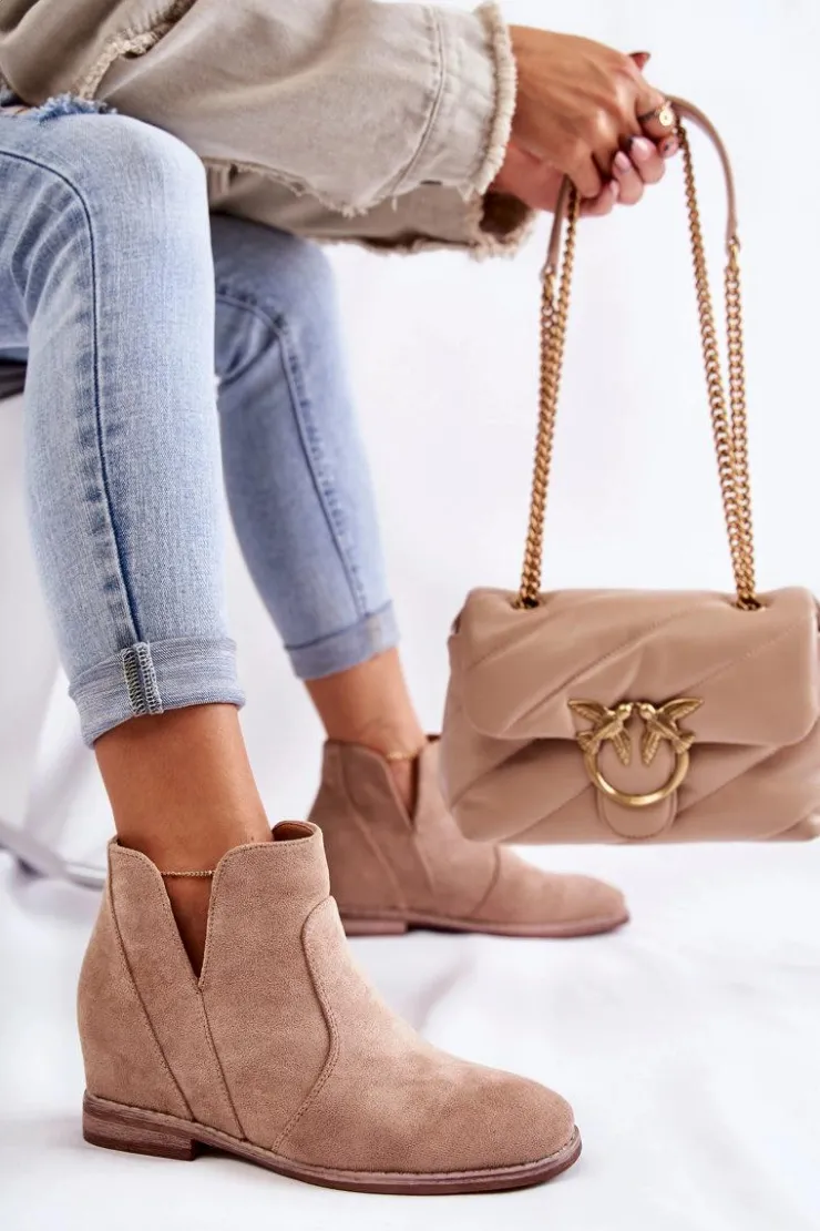 Damskie buty S.Barski Brązowe I Beżowe Botki|Botki Płaskie*Zamszowe Botki Z Wycięciami Na Płaskim Obcasie Beżowe Henriette