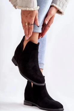 Sale Damskie buty S.Barski Zamszowe Botki Z Wycięciami Na Płaskim Obcasie Czarne Henriette