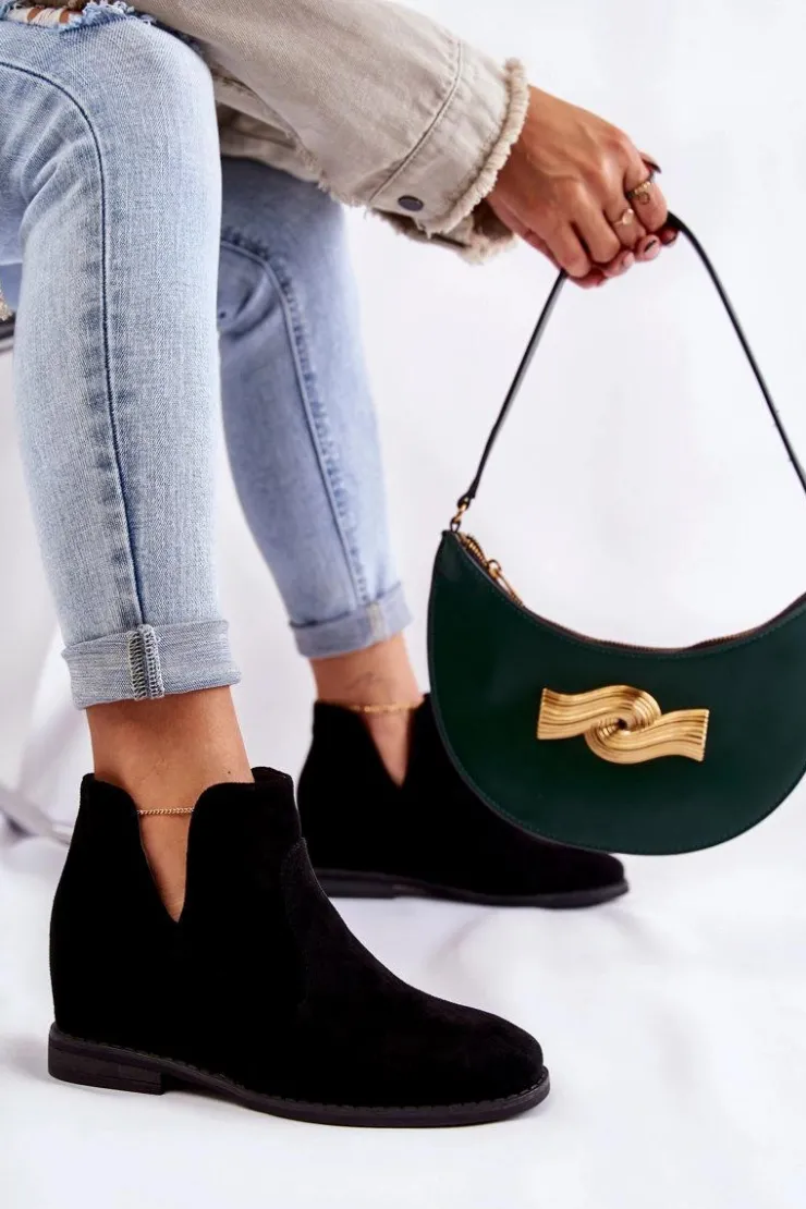 Sale Damskie buty S.Barski Zamszowe Botki Z Wycięciami Na Płaskim Obcasie Czarne Henriette