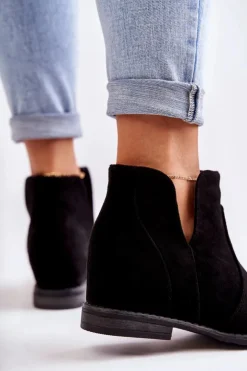 Sale Damskie buty S.Barski Zamszowe Botki Z Wycięciami Na Płaskim Obcasie Czarne Henriette