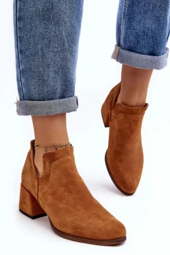 Boto Botki Wiosenne|Botki Skórzane*Zamszowe Botki Z Wycięciami Na Obcasie Camel Dalros