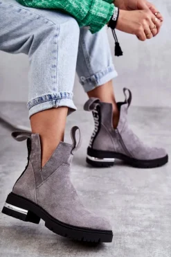 Damskie Boto Zamszowe Botki Z Wycięciami Szare Elvera